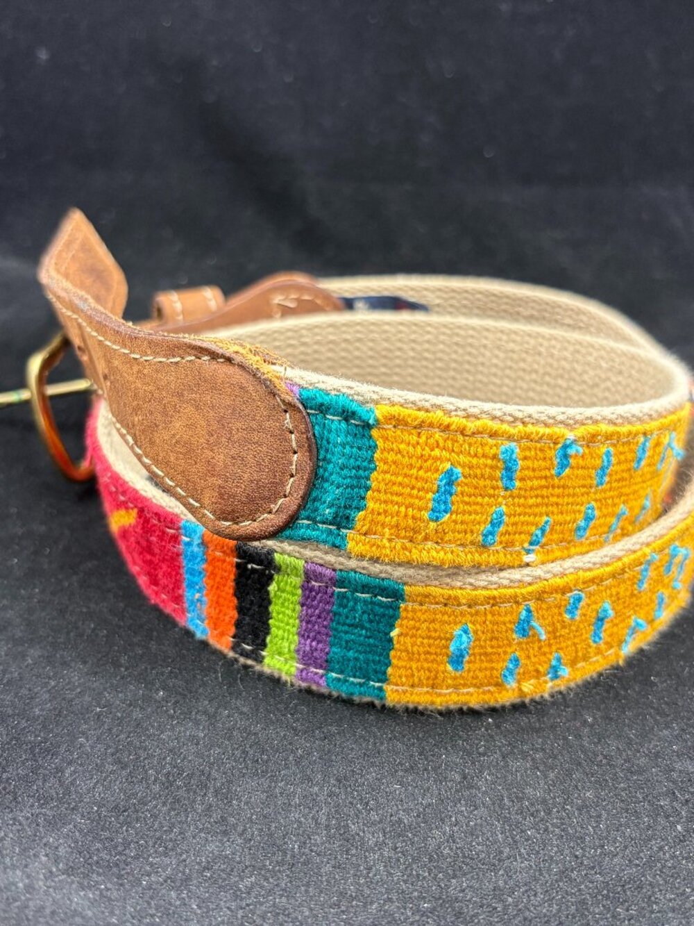 A Tail We Could Wag Belt Size 32 Colorful Cotton Weave Leather Brass